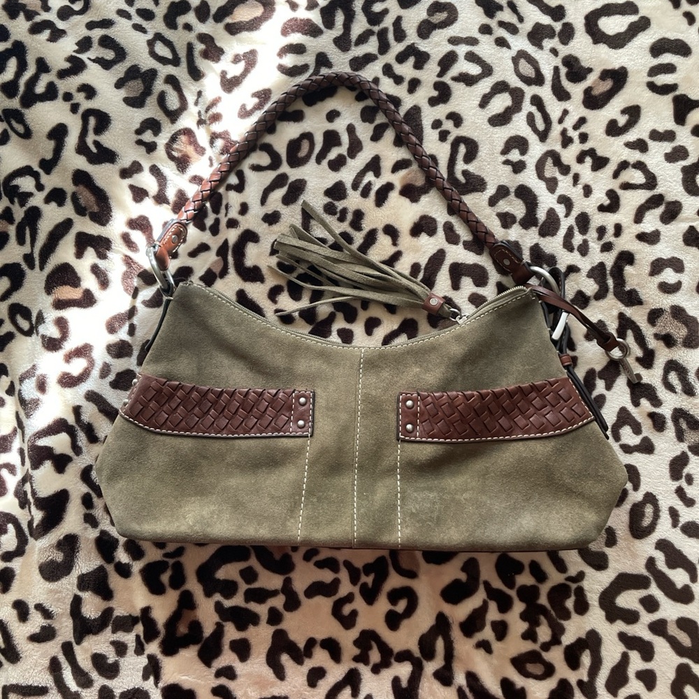 Stylish Fossil Olive and Brown Suede and Leather Women's Bag